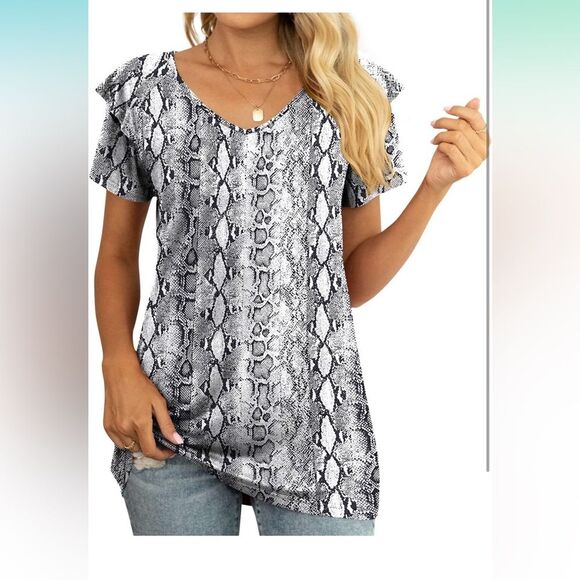 Top Blouse Shirt Womens Plus 2X Black Snakeskin Summer Casual Short Sleeve B3 - Picture 6 of 8